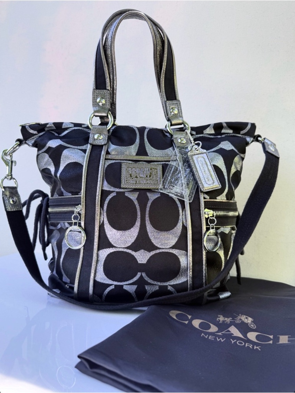 Coach Poppy Metallic Signature Satchel — Glitter Tag + Silver Hangtag + Dust Bag